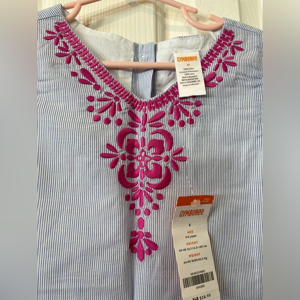 Girls size 6 blue pinstripe dress with pink details from Gymboree, NWT - Picture 3 of 11